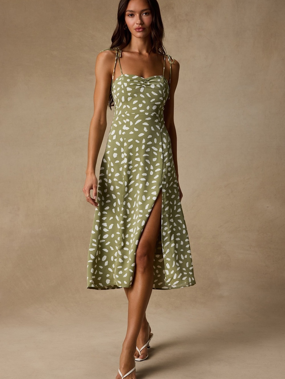 Lulu's Olive Green Printed Tie-Shoulder Midi Dress with Front Slit